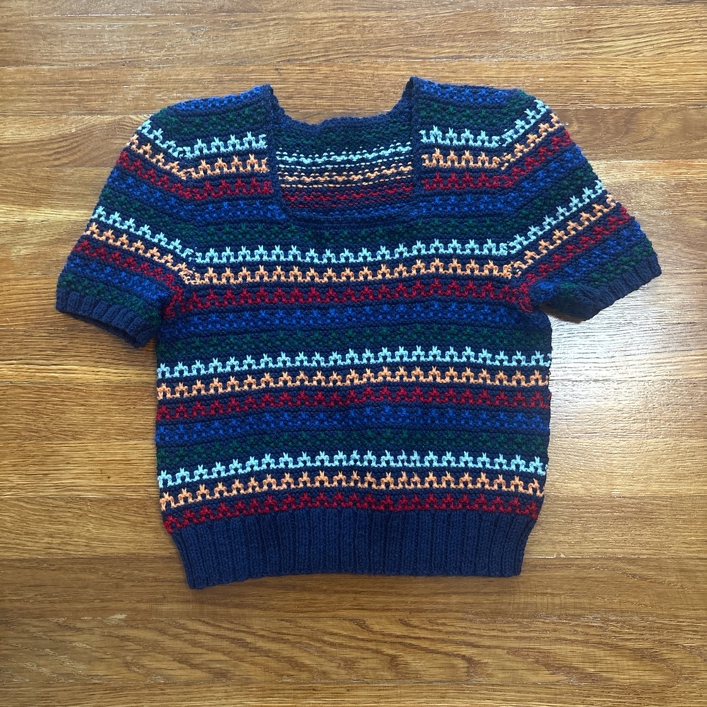 Vintage navy and multicolored rainbow stripe knit sweater, short sleeve square
